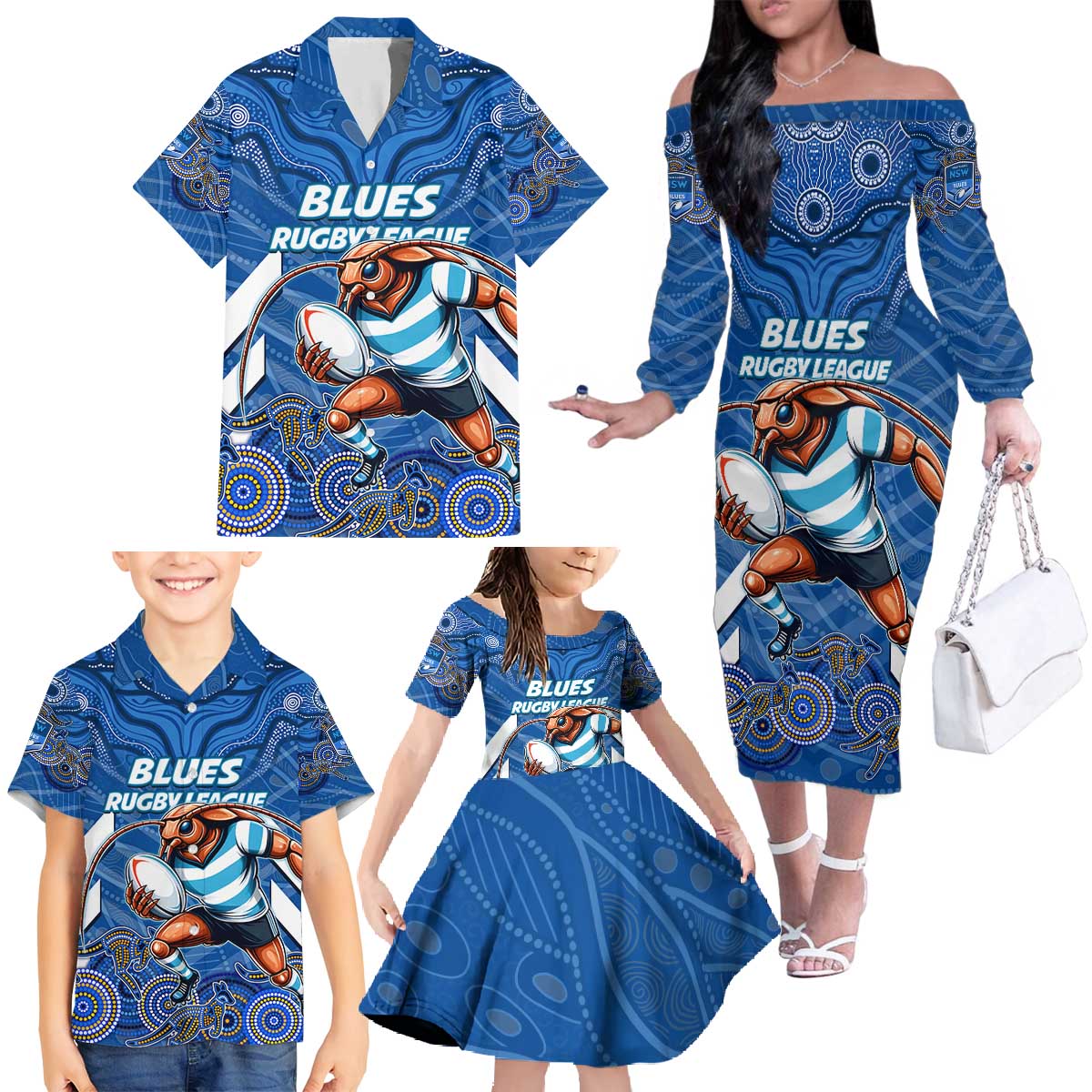 Custom Blues Cockroaches Family Matching Off The Shoulder Long Sleeve Dress and Hawaiian Shirt New South Wales Rugby