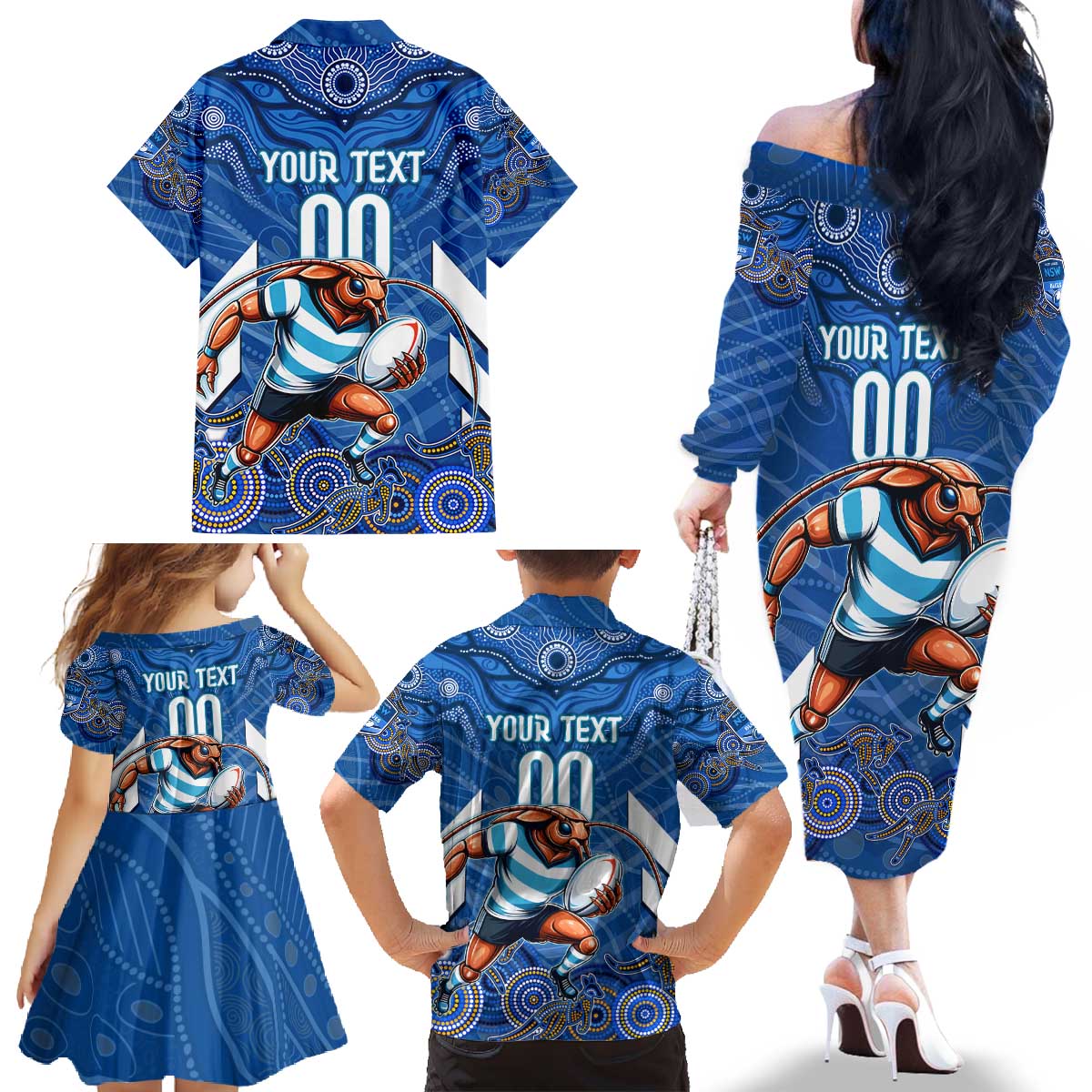 Custom Blues Cockroaches Family Matching Off The Shoulder Long Sleeve Dress and Hawaiian Shirt New South Wales Rugby