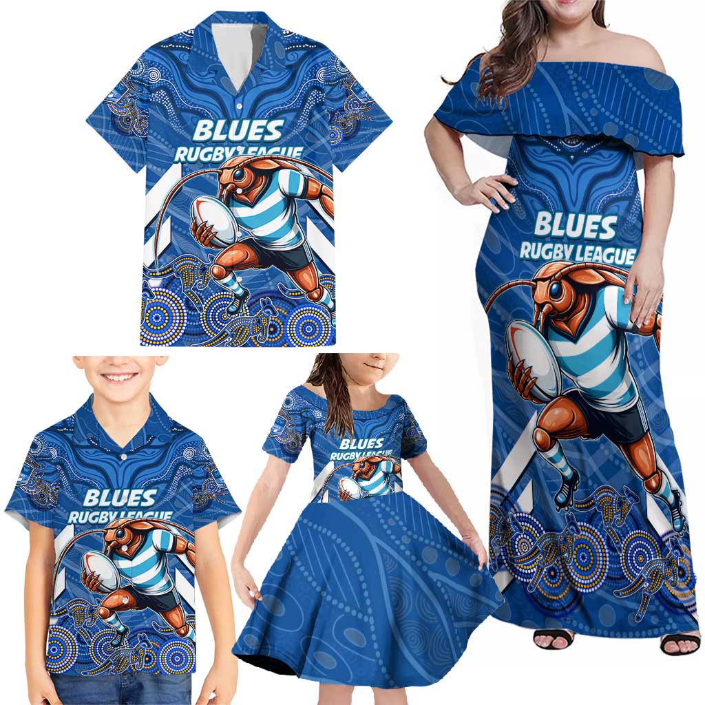 Custom Blues Cockroaches Family Matching Off Shoulder Maxi Dress and Hawaiian Shirt New South Wales Rugby