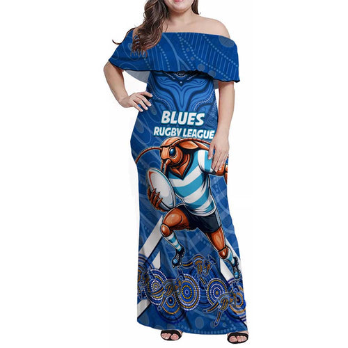 Custom Blues Cockroaches Family Matching Off Shoulder Maxi Dress and Hawaiian Shirt New South Wales Rugby
