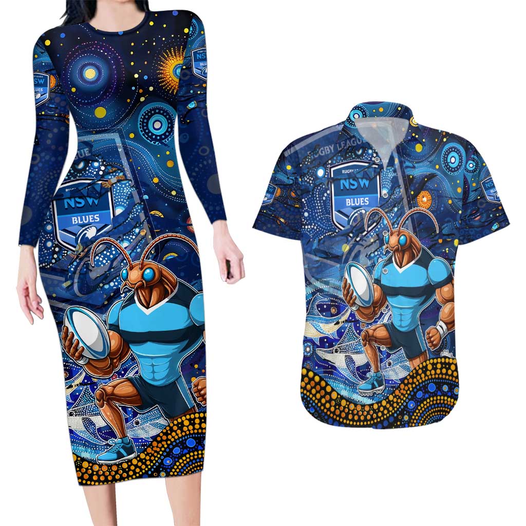Personalised Mascot NSW Blues Rugby Couples Matching Long Sleeve Bodycon Dress and Hawaiian Shirt Aboriginal Galaxy