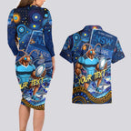 Personalised Mascot NSW Blues Rugby Couples Matching Long Sleeve Bodycon Dress and Hawaiian Shirt Aboriginal Galaxy