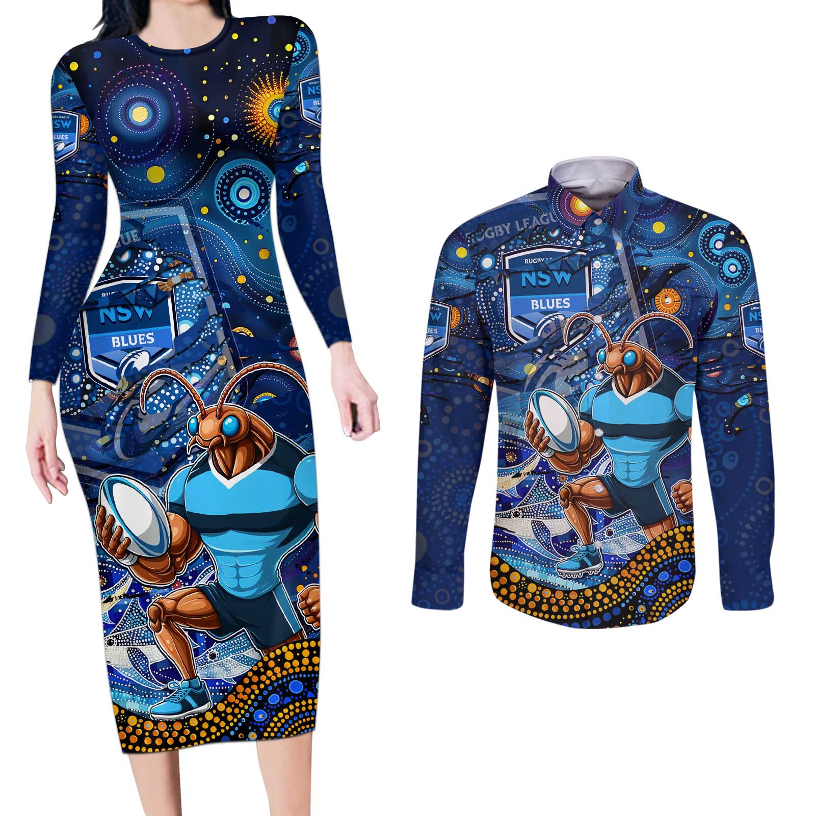 Personalised Mascot NSW Blues Rugby Couples Matching Long Sleeve Bodycon Dress and Long Sleeve Button Shirt Aboriginal Galaxy
