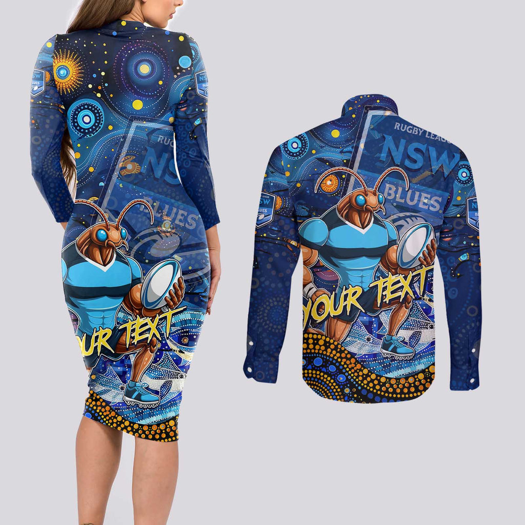 Personalised Mascot NSW Blues Rugby Couples Matching Long Sleeve Bodycon Dress and Long Sleeve Button Shirt Aboriginal Galaxy