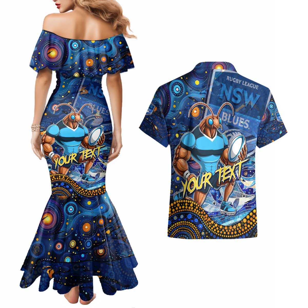 Personalised Mascot NSW Blues Rugby Couples Matching Mermaid Dress and Hawaiian Shirt Aboriginal Galaxy