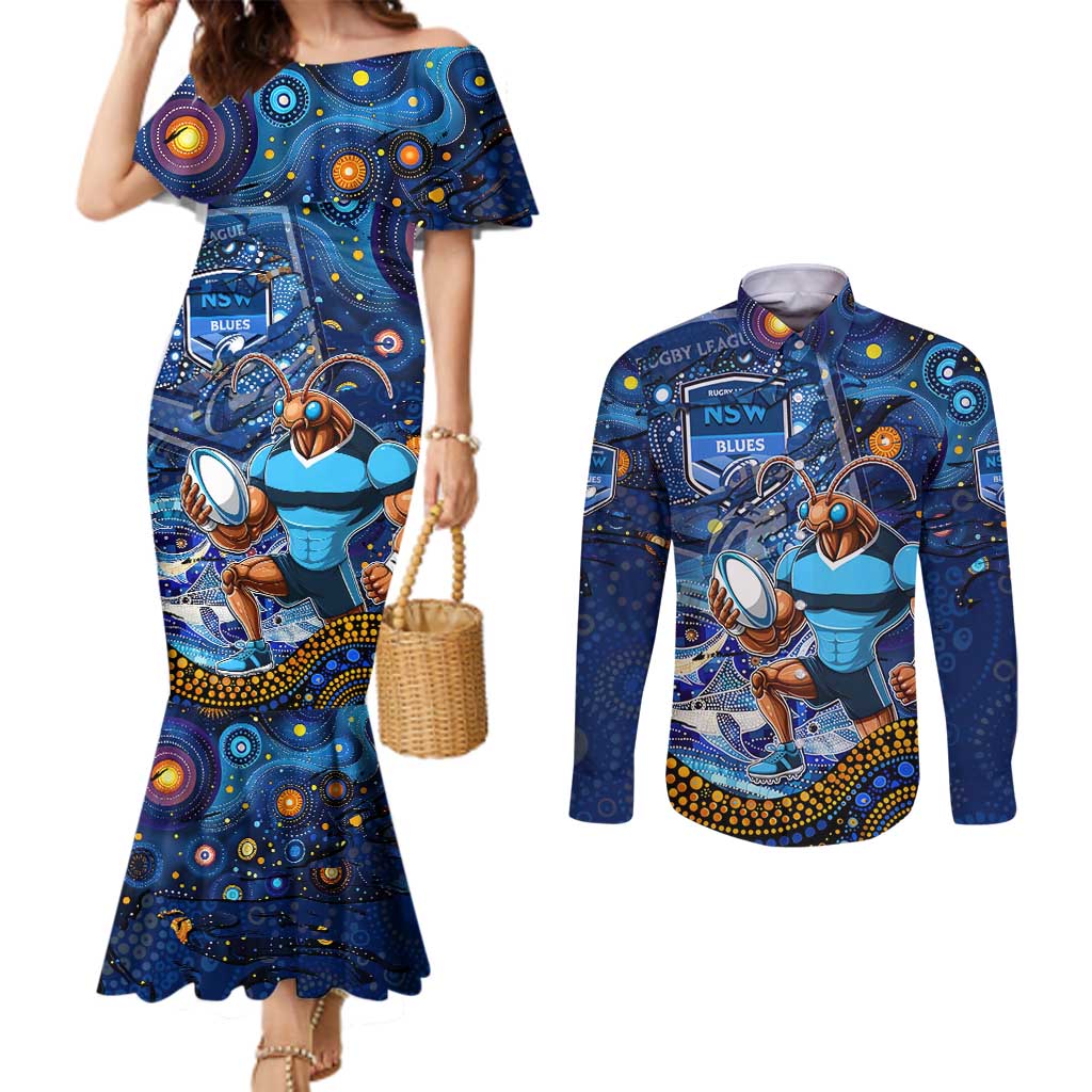 Personalised Mascot NSW Blues Rugby Couples Matching Mermaid Dress and Long Sleeve Button Shirt Aboriginal Galaxy