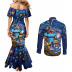 Personalised Mascot NSW Blues Rugby Couples Matching Mermaid Dress and Long Sleeve Button Shirt Aboriginal Galaxy