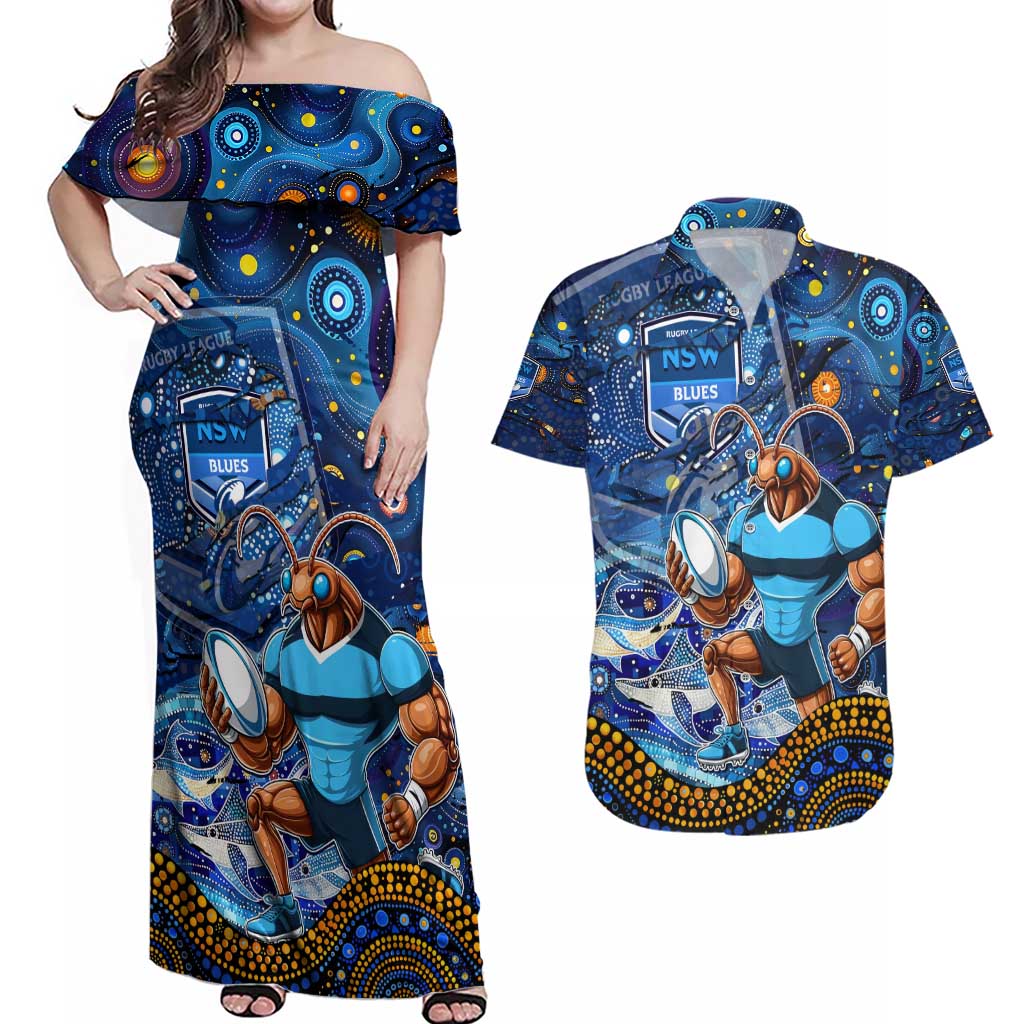 Personalised Mascot NSW Blues Rugby Couples Matching Off Shoulder Maxi Dress and Hawaiian Shirt Aboriginal Galaxy
