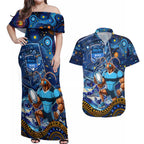 Personalised Mascot NSW Blues Rugby Couples Matching Off Shoulder Maxi Dress and Hawaiian Shirt Aboriginal Galaxy