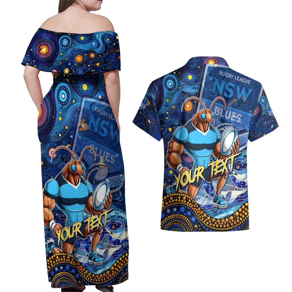 Personalised Mascot NSW Blues Rugby Couples Matching Off Shoulder Maxi Dress and Hawaiian Shirt Aboriginal Galaxy