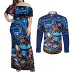 Personalised Mascot NSW Blues Rugby Couples Matching Off Shoulder Maxi Dress and Long Sleeve Button Shirt Aboriginal Galaxy