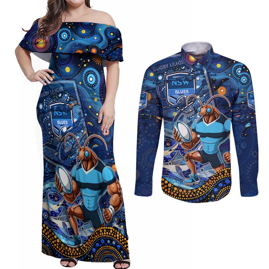 Personalised Mascot NSW Blues Rugby Couples Matching Off Shoulder Maxi Dress and Long Sleeve Button Shirt Aboriginal Galaxy