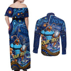 Personalised Mascot NSW Blues Rugby Couples Matching Off Shoulder Maxi Dress and Long Sleeve Button Shirt Aboriginal Galaxy