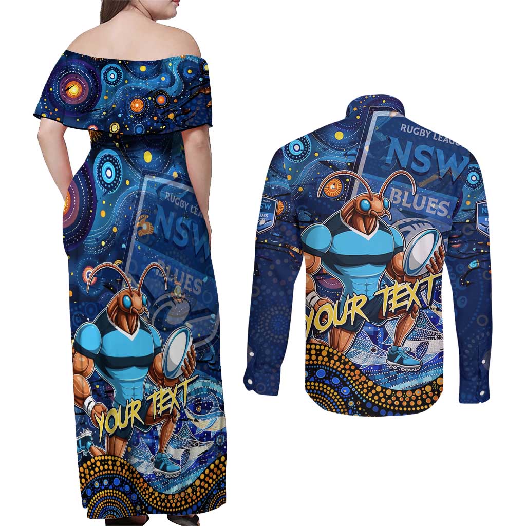 Personalised Mascot NSW Blues Rugby Couples Matching Off Shoulder Maxi Dress and Long Sleeve Button Shirt Aboriginal Galaxy