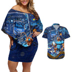 Personalised Mascot NSW Blues Rugby Couples Matching Off Shoulder Short Dress and Hawaiian Shirt Aboriginal Galaxy