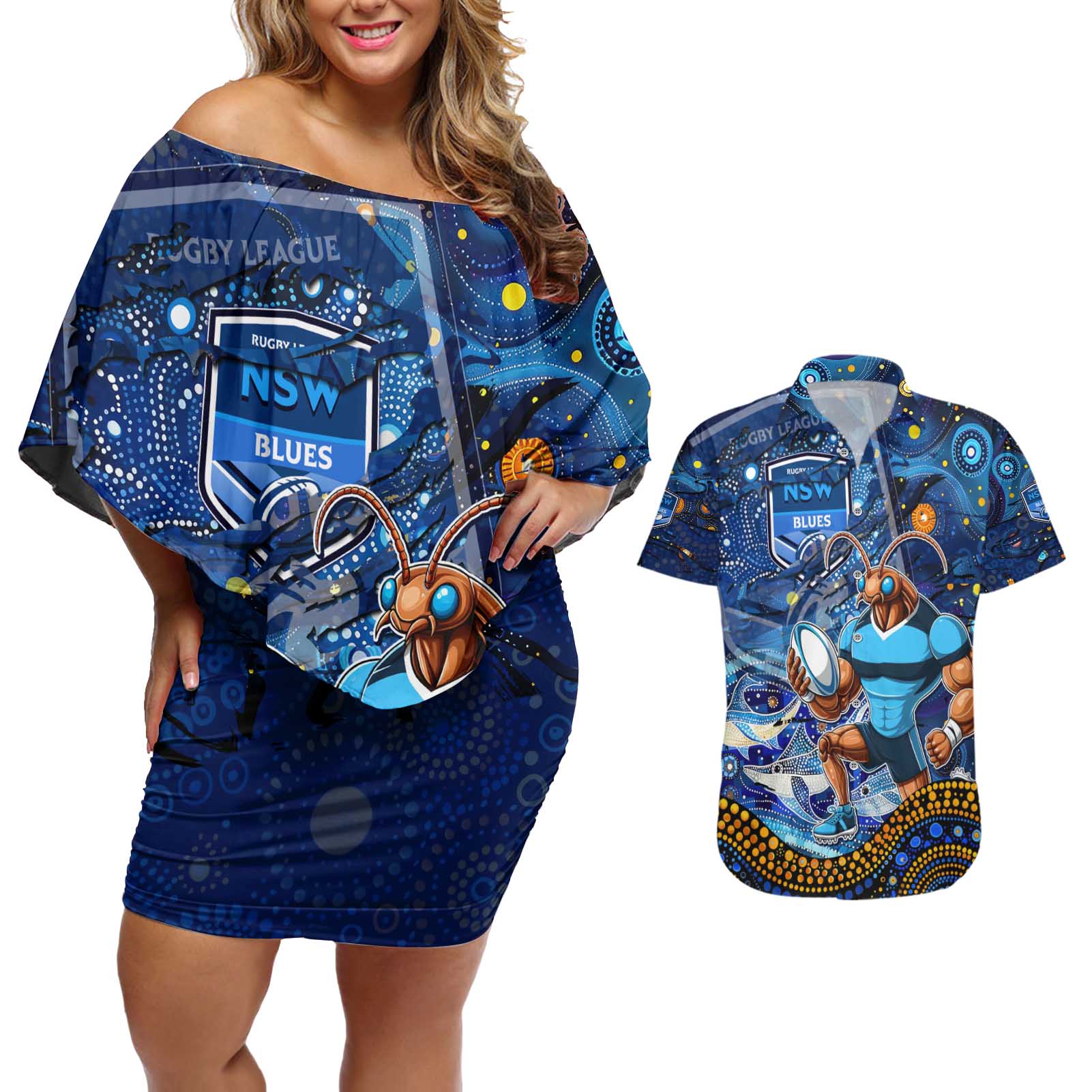 Personalised Mascot NSW Blues Rugby Couples Matching Off Shoulder Short Dress and Hawaiian Shirt Aboriginal Galaxy