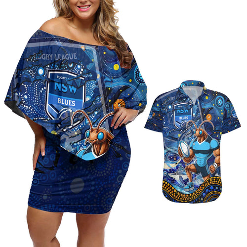 Personalised Mascot NSW Blues Rugby Couples Matching Off Shoulder Short Dress and Hawaiian Shirt Aboriginal Galaxy