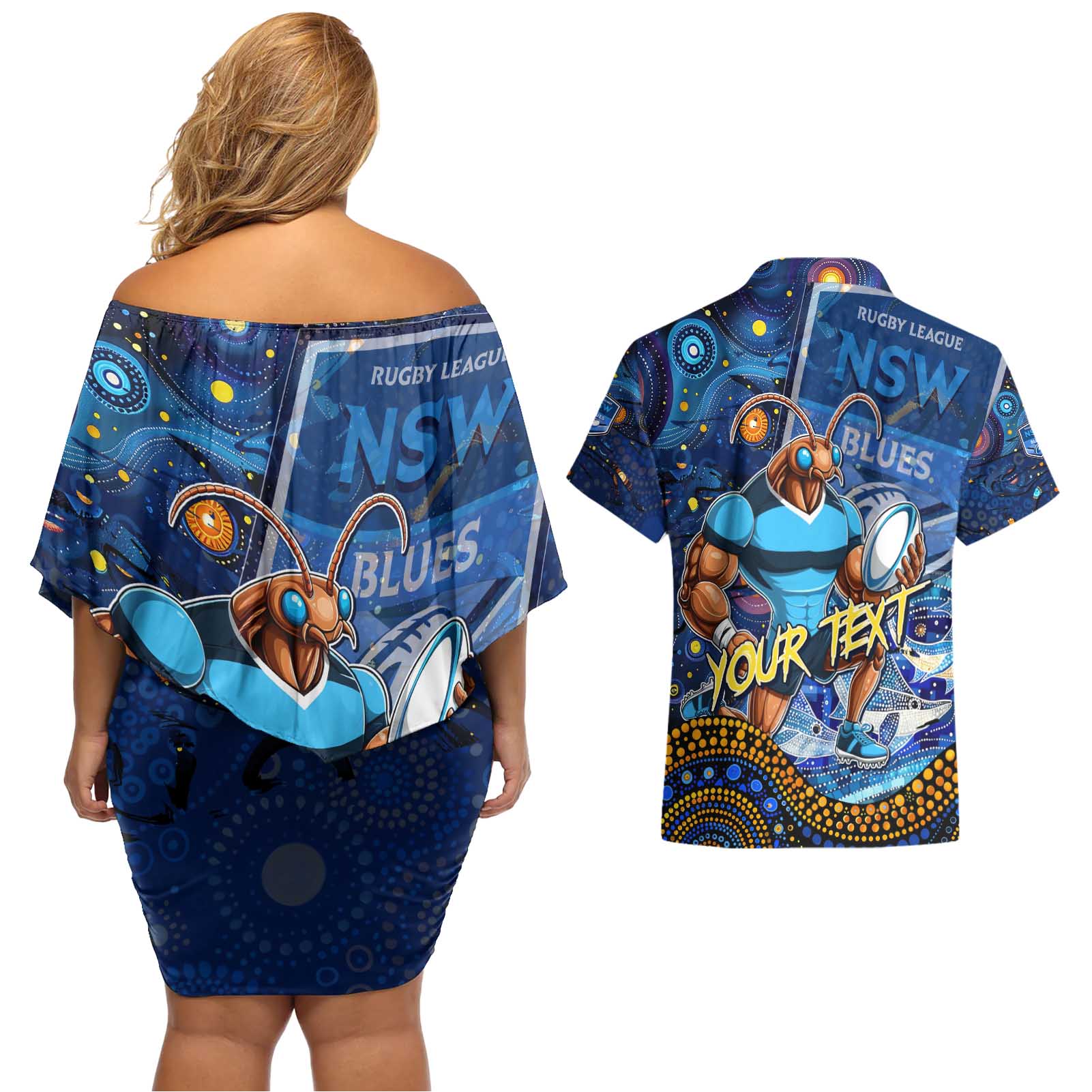 Personalised Mascot NSW Blues Rugby Couples Matching Off Shoulder Short Dress and Hawaiian Shirt Aboriginal Galaxy