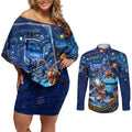 Personalised Mascot NSW Blues Rugby Couples Matching Off Shoulder Short Dress and Long Sleeve Button Shirt Aboriginal Galaxy