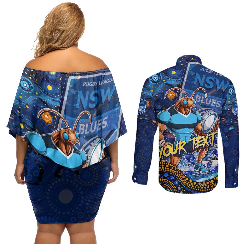 Personalised Mascot NSW Blues Rugby Couples Matching Off Shoulder Short Dress and Long Sleeve Button Shirt Aboriginal Galaxy