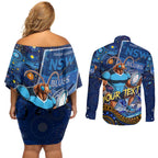 Personalised Mascot NSW Blues Rugby Couples Matching Off Shoulder Short Dress and Long Sleeve Button Shirt Aboriginal Galaxy