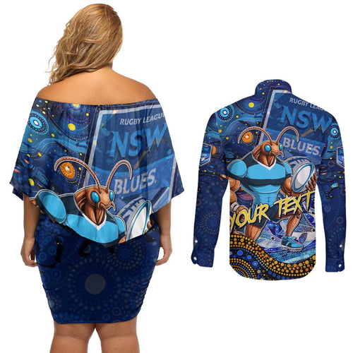 Personalised Mascot NSW Blues Rugby Couples Matching Off Shoulder Short Dress and Long Sleeve Button Shirt Aboriginal Galaxy