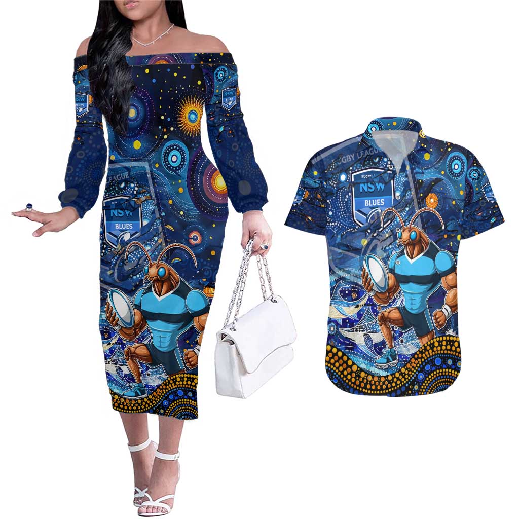 Personalised Mascot NSW Blues Rugby Couples Matching Off The Shoulder Long Sleeve Dress and Hawaiian Shirt Aboriginal Galaxy
