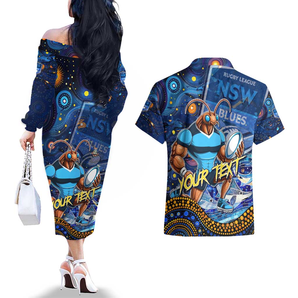 Personalised Mascot NSW Blues Rugby Couples Matching Off The Shoulder Long Sleeve Dress and Hawaiian Shirt Aboriginal Galaxy