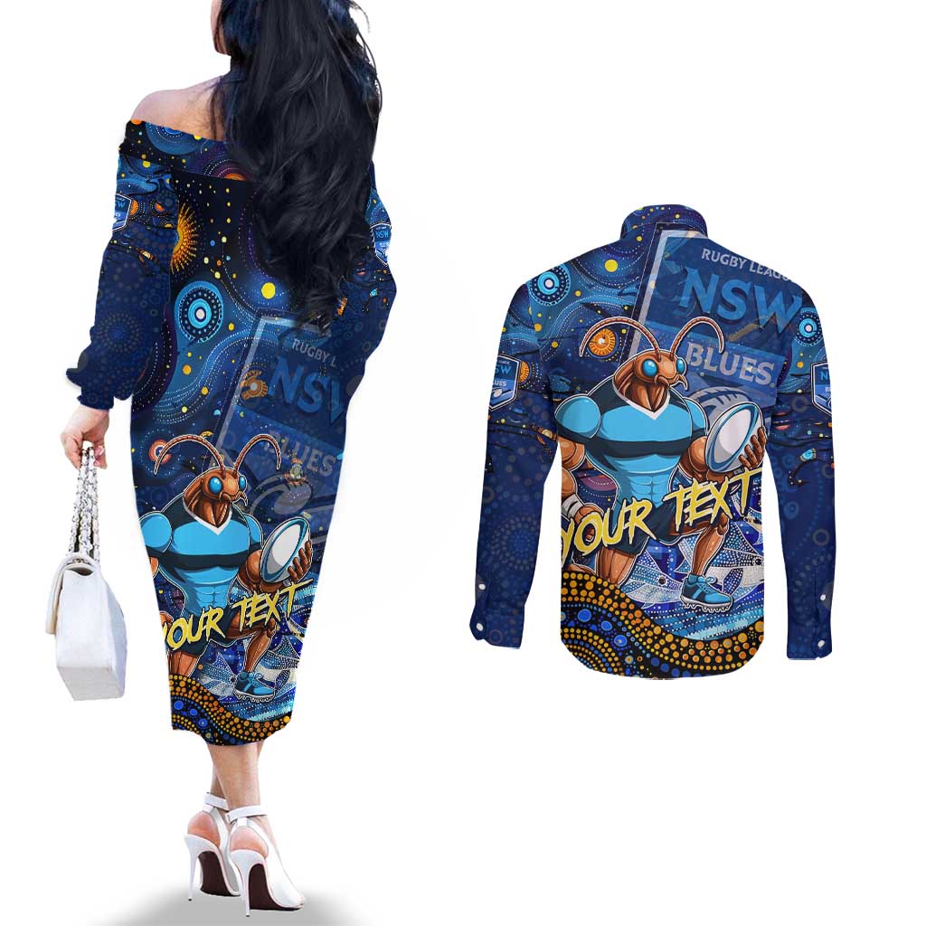 Personalised Mascot NSW Blues Rugby Couples Matching Off The Shoulder Long Sleeve Dress and Long Sleeve Button Shirt Aboriginal Galaxy