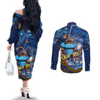 Personalised Mascot NSW Blues Rugby Couples Matching Off The Shoulder Long Sleeve Dress and Long Sleeve Button Shirt Aboriginal Galaxy