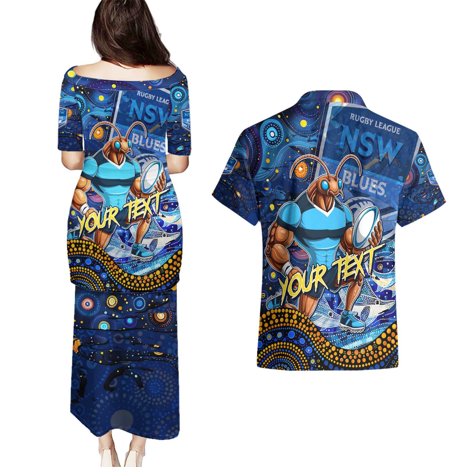 Personalised Mascot NSW Blues Rugby Couples Matching Puletasi and Hawaiian Shirt Aboriginal Galaxy