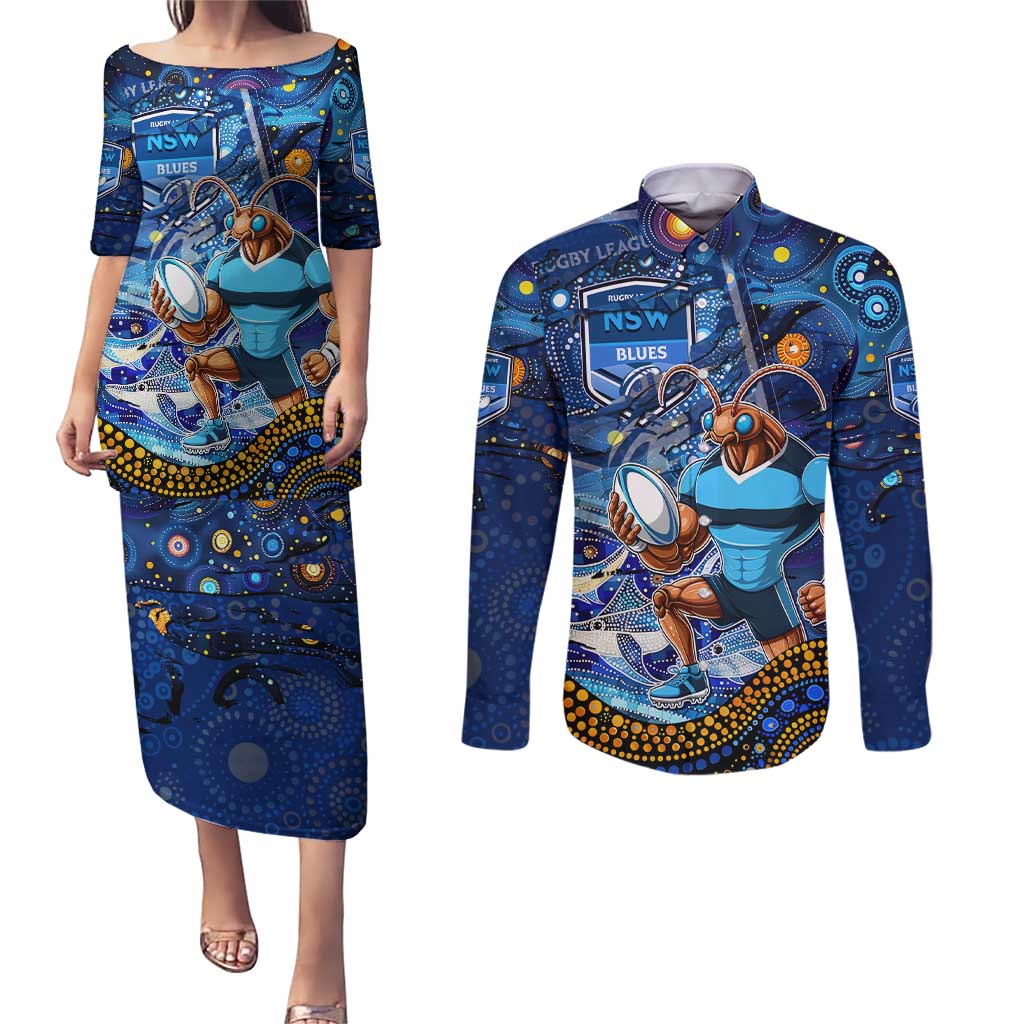 Personalised Mascot NSW Blues Rugby Couples Matching Puletasi and Long Sleeve Button Shirt Aboriginal Galaxy