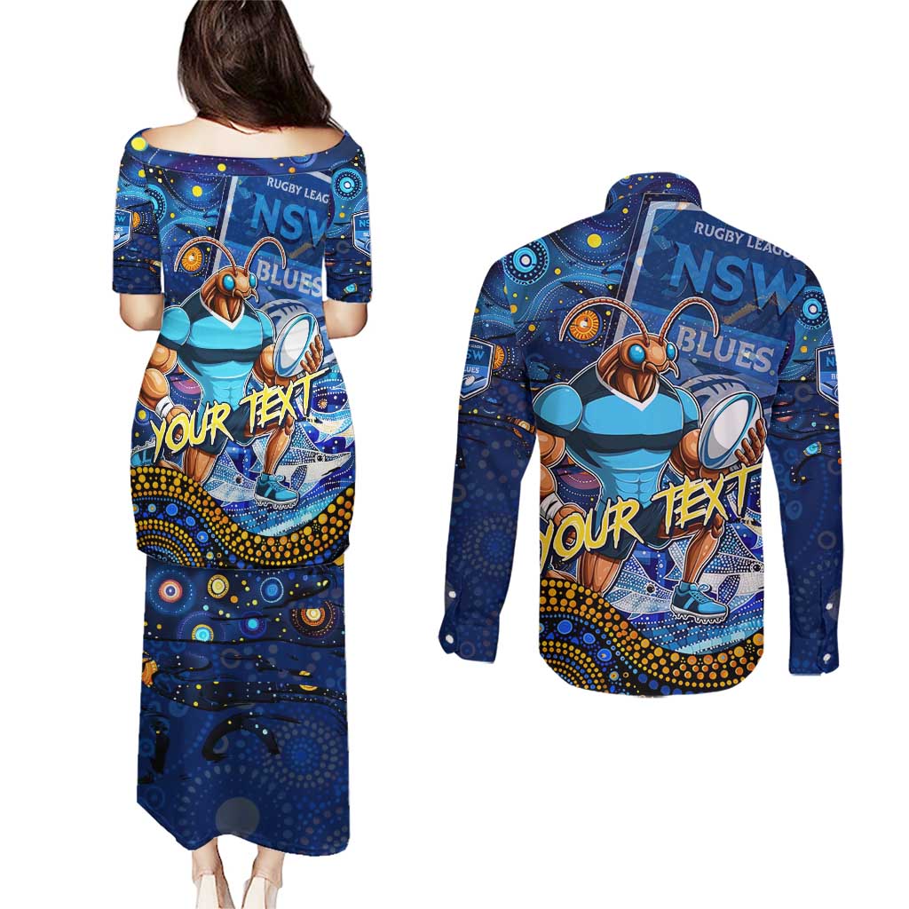 Personalised Mascot NSW Blues Rugby Couples Matching Puletasi and Long Sleeve Button Shirt Aboriginal Galaxy