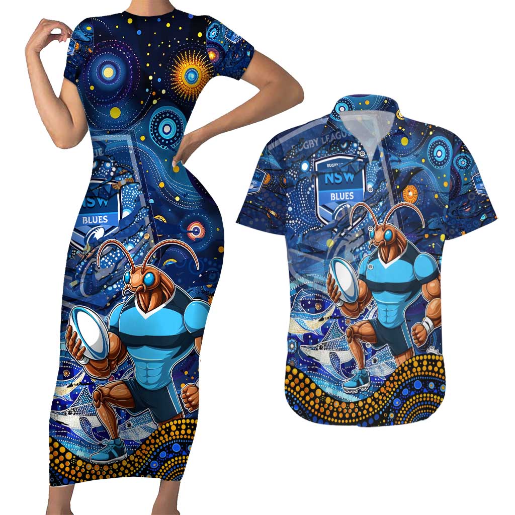 Personalised Mascot NSW Blues Rugby Couples Matching Short Sleeve Bodycon Dress and Hawaiian Shirt Aboriginal Galaxy