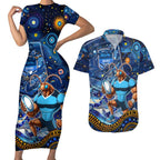 Personalised Mascot NSW Blues Rugby Couples Matching Short Sleeve Bodycon Dress and Hawaiian Shirt Aboriginal Galaxy