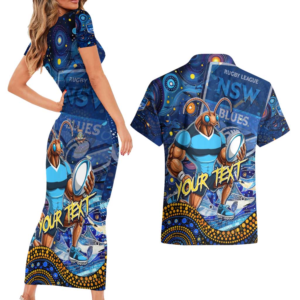 Personalised Mascot NSW Blues Rugby Couples Matching Short Sleeve Bodycon Dress and Hawaiian Shirt Aboriginal Galaxy