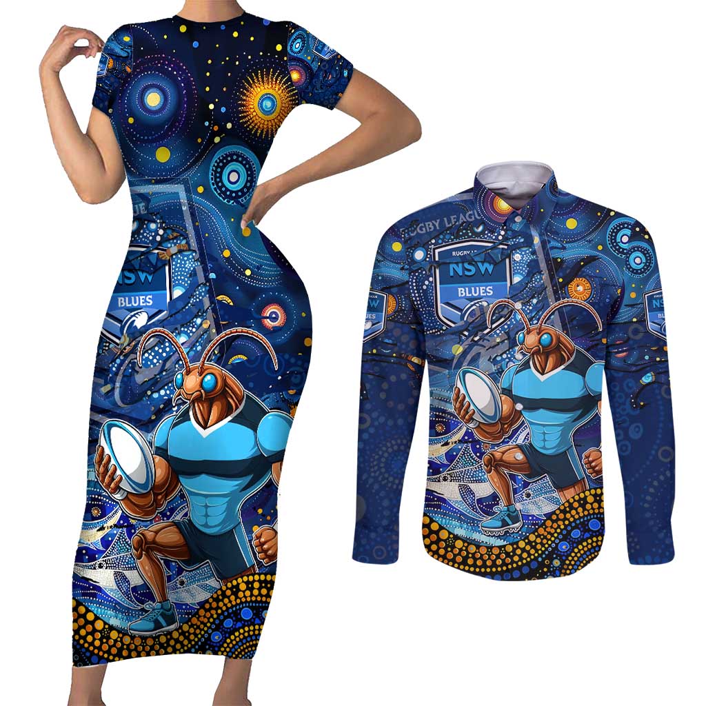 Personalised Mascot NSW Blues Rugby Couples Matching Short Sleeve Bodycon Dress and Long Sleeve Button Shirt Aboriginal Galaxy