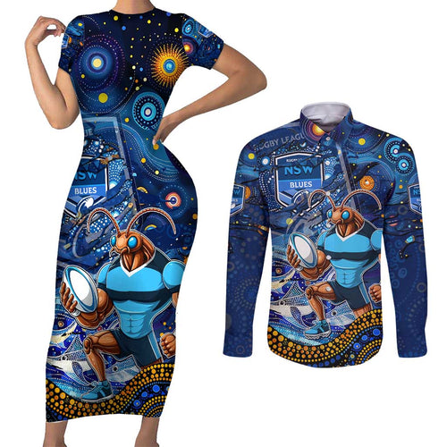Personalised Mascot NSW Blues Rugby Couples Matching Short Sleeve Bodycon Dress and Long Sleeve Button Shirt Aboriginal Galaxy