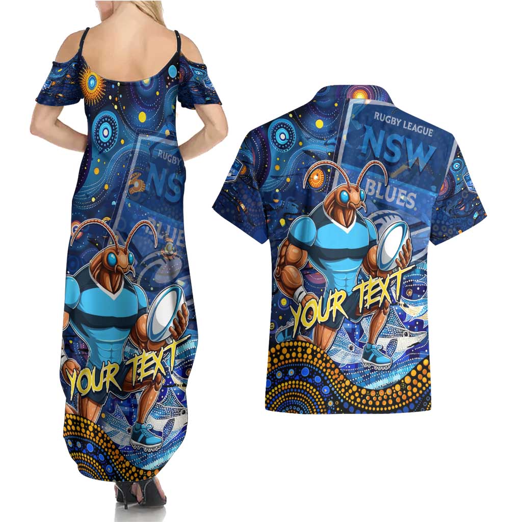 Personalised Mascot NSW Blues Rugby Couples Matching Summer Maxi Dress and Hawaiian Shirt Aboriginal Galaxy