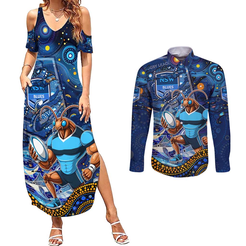 Personalised Mascot NSW Blues Rugby Couples Matching Summer Maxi Dress and Long Sleeve Button Shirt Aboriginal Galaxy