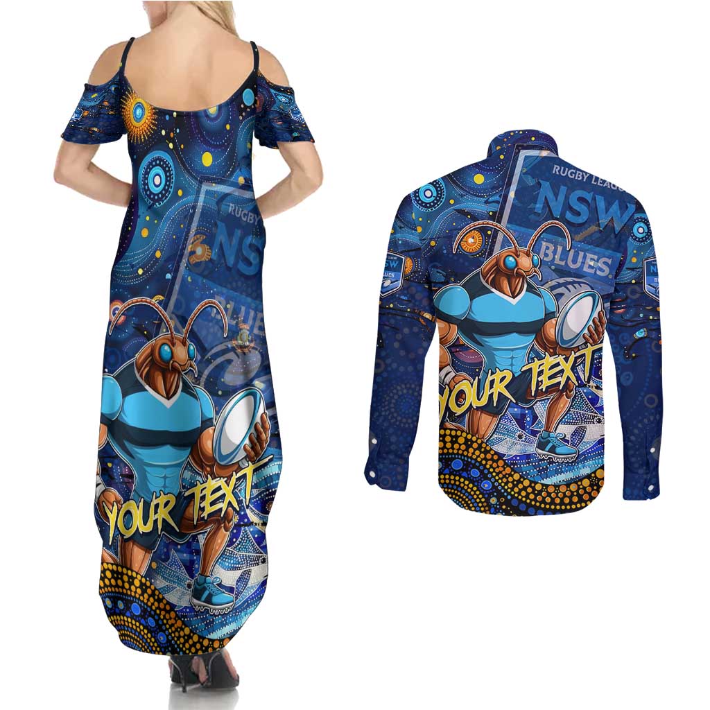 Personalised Mascot NSW Blues Rugby Couples Matching Summer Maxi Dress and Long Sleeve Button Shirt Aboriginal Galaxy