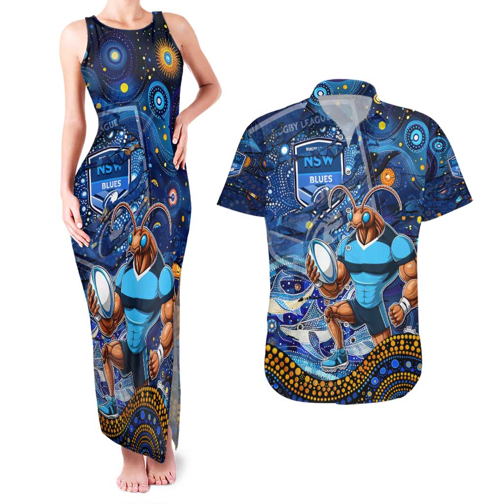 Personalised Mascot NSW Blues Rugby Couples Matching Tank Maxi Dress and Hawaiian Shirt Aboriginal Galaxy
