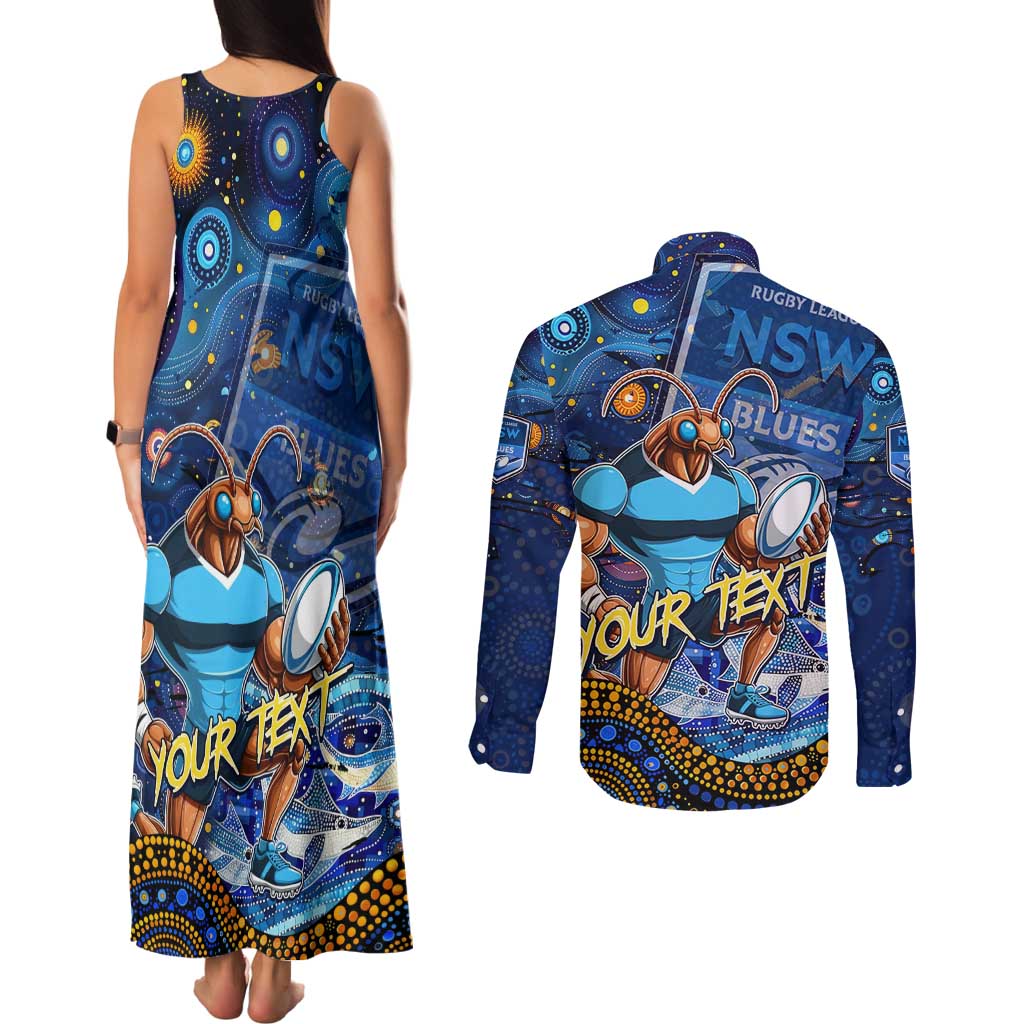 Personalised Mascot NSW Blues Rugby Couples Matching Tank Maxi Dress and Long Sleeve Button Shirt Aboriginal Galaxy