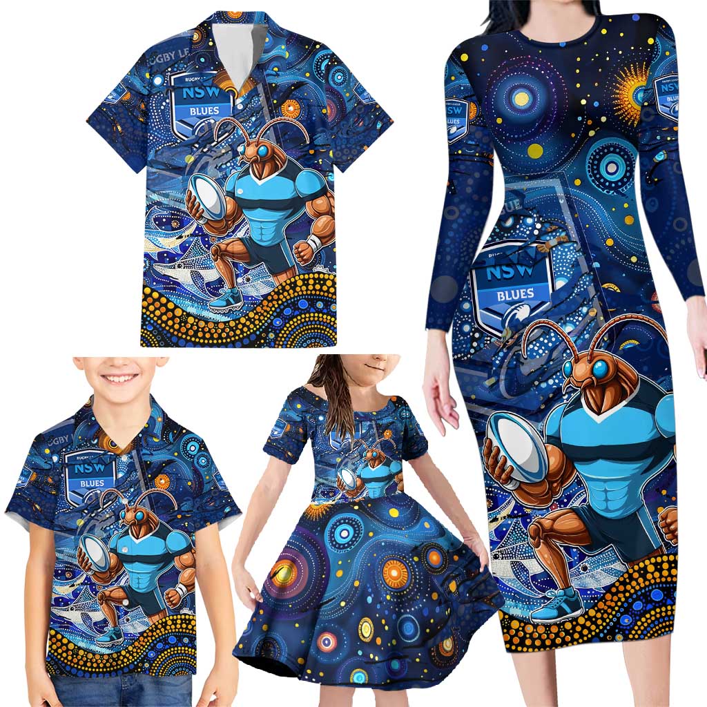 Personalised Mascot NSW Blues Rugby Family Matching Long Sleeve Bodycon Dress and Hawaiian Shirt Aboriginal Galaxy