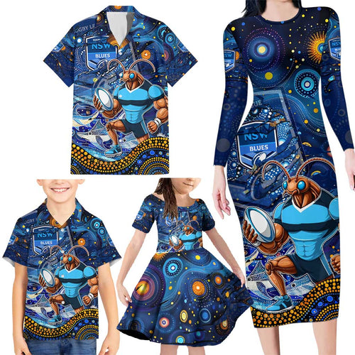 Personalised Mascot NSW Blues Rugby Family Matching Long Sleeve Bodycon Dress and Hawaiian Shirt Aboriginal Galaxy