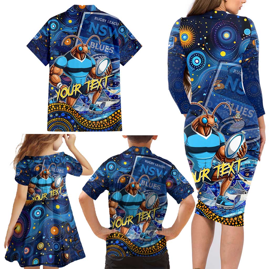 Personalised Mascot NSW Blues Rugby Family Matching Long Sleeve Bodycon Dress and Hawaiian Shirt Aboriginal Galaxy