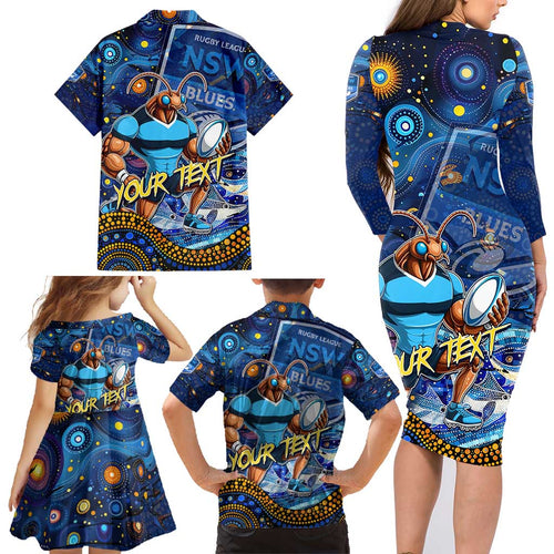 Personalised Mascot NSW Blues Rugby Family Matching Long Sleeve Bodycon Dress and Hawaiian Shirt Aboriginal Galaxy