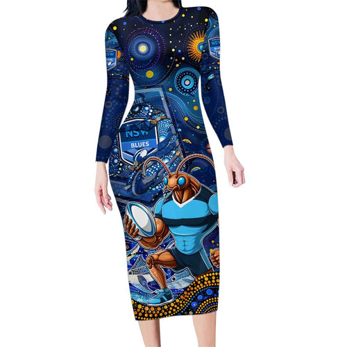 Personalised Mascot NSW Blues Rugby Family Matching Long Sleeve Bodycon Dress and Hawaiian Shirt Aboriginal Galaxy