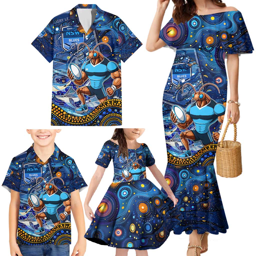Personalised Mascot NSW Blues Rugby Family Matching Mermaid Dress and Hawaiian Shirt Aboriginal Galaxy