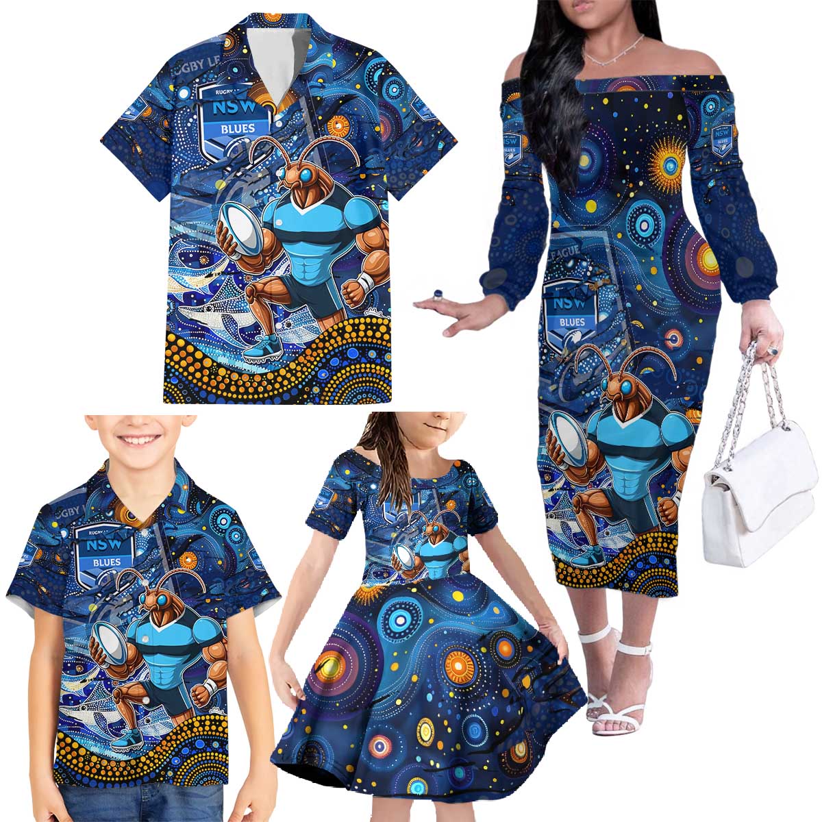 Personalised Mascot NSW Blues Rugby Family Matching Off The Shoulder Long Sleeve Dress and Hawaiian Shirt Aboriginal Galaxy